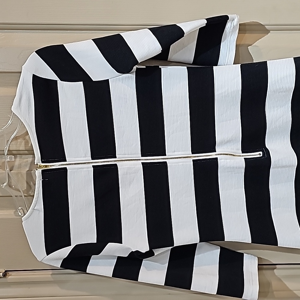 Almost Famous Black White Striped Midi Dress with Pink Band - Picture 6 of 7